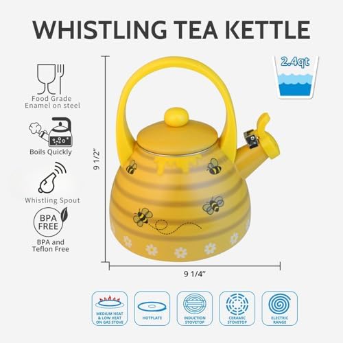 Whistling Tea Kettle for Stove Top Enamel on Steel Teakettle, Supreme Housewares Bee Hive Design Teapot Water Kettle Cute Kitchen Accessories Teteras (2.4 Quart, Bee Hive) - Image 5