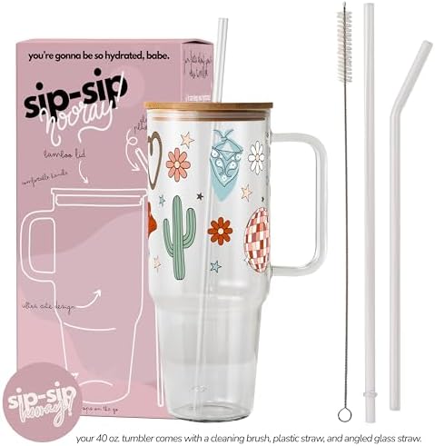 Sip-Sip Hooray! Western Disco Daisy 40oz Glass Tumbler with Lid and Straw, Floral Cowgirl Cup Gift for Women - Image 5