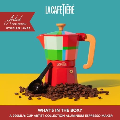 La Cafetière Venice Espresso Maker for 6 Cups, 290 ml, Aluminium Stovetop Coffee Maker with Geometric Pattern, Moka Pot for Gas and Electric Stoves with Wooden Handle, Utopian Lines - Image 3
