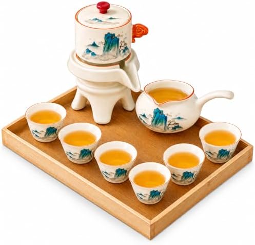 Semi Automatic Tea Set Magic Teapot with 6 cups Japanese Teapot Set,Chinese Gongfu Tea Set Ceramic Teapot with Infuser (Jiangshan-Automatic) by REOWONU