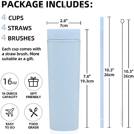Volhoply 16oz Plastic Skinny Tumbler with Lid and Straw Bulk 8 Pack,Insulated Double Wall BPA Free Matte Acrylic Tumblers,Iced Coffee Travel Mug Reusable Party Cup,Customizable Diy Gifts(Blue,8 Set) - Image 2
