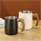 2pcs Stainless Steel Milk Frothing Pitcher Set with Wooden Handle - Precision Scale Latte Art Coffee Mugs (White) - Image 4