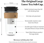 Large Travel Mug Loose Tea Infuser - Detachable Tea Strainer with Spill Proof Lid - 18oz/530ml BPA-Free Reusable Glass Travel Coffee Cup with Cork Band (Black, 18oz) - Image 2