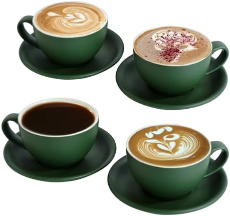 Yundu Matte Green Cappuccino Cups Set of 4-10oz Ceramic Latte Mugs with Saucers, Elegant Espresso Cups for Coffee & Tea by YunduHome
