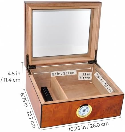 Cigar Humidor Case, Holds 25-50 Cigars, Tempered Glass Top Display, Handcrafted Spanish Cedar Wood Desktop Cigar Box with Divider, Humidifier, Hygrometer, Burlwood Blond, - Image 5