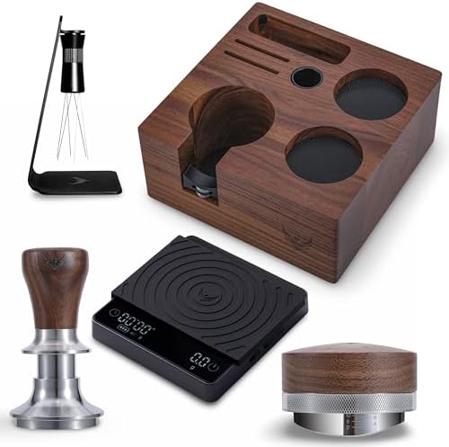 58mm Espresso Tools Set for Gaggia, Rocket, Lelit & ECM – Walnut Organizer Station, Spring Loaded Self Leveling Tamper, Distribution Tool, WDT Stirrer & Precision Digital Scale by KNODOS