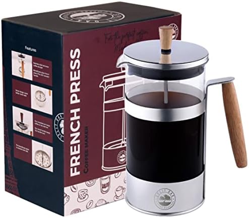 French Press Coffee Maker 27oz Stainless Steel Coffee Press High Level Filter Borosilicate Glass Heat Resistant Insulated Pot with Wooden Handle. Brew Coffee and Tea BPA Free by SPLITOAKCOFFEEROASTERS