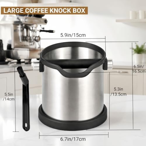 Espresso Coffee Knock Box, Large Stainless Steel Coffee Knock Box with Cleaning Brush for Home Coffee Bar, Non-Slip Base Easy Clean Removable Knock Bar (Silver) - Image 3