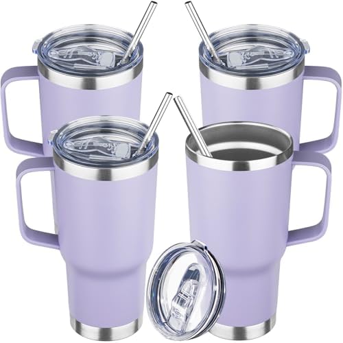 20 oz Tumbler with Handle Stainless Steel Insulated Coffee Mug Tumbler with Lid and Straw Double Wall Vacuum Insulated Coffee Mug Leak Proof Travel Tumbler for Hot and Cold Drink (Pale Purple,4pack) by YEBTSLife