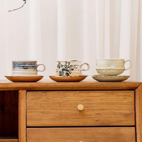 Premium Boutique Luxury Vintage Espresso Cups Set Coffee Mug Ceramic Tea Cup Comfy Handle (Wabi-Sabi Green High Foot Set) - Image 4