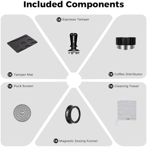 IKAPE 53MM Coffee Tamper Set Black 6 IN 1, Espresso Tamper, Distributor, Magnetic Dosing Funnel, Silicone Mat, Puck Screen, Cleaning Towel - Image 3