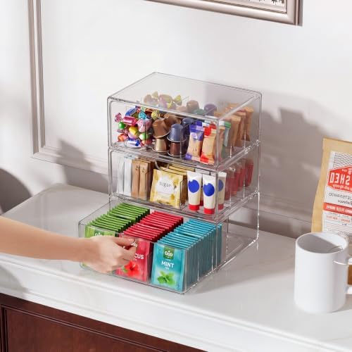 3 Pack Clear Tea Bag Organizer Drawer, Stackable Tea Storage Chest with Dividers for Kitchen, Pantry, Bathroom, Vanity, Countertop – Multi-Purpose Coffee, Cosmetic, Jewelry, Craft Acrylic Storage Bins - Image 3