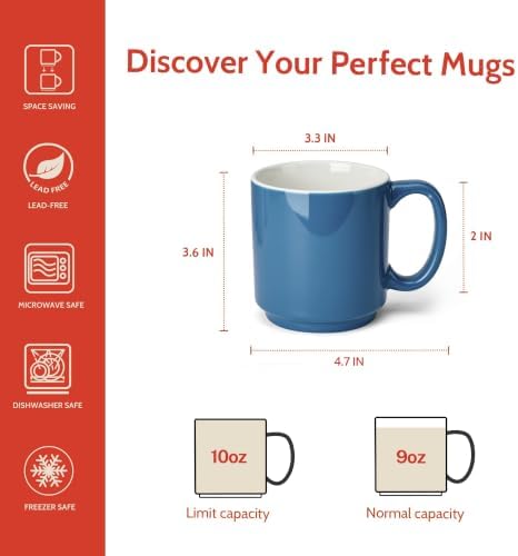 Sweese Stackable Coffee Mugs - 10 Oz Porcelain Cups for Specialty Coffee Drinks, Cappuccino, Cafe Mocha, Latte and tea, Set of 6, Cool Assorted Colors - Image 2