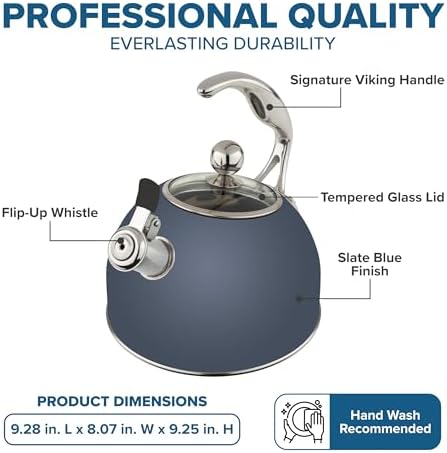 Viking 3-Ply Stainless Steel Tea Kettle, 2.6 Quart Stovetop Hot Water Pot with Tempered Glass Lid, Ergonomic Handle, Induction Ready, Slate and Blue - Image 5