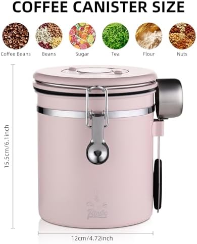 Bincoo Premium Pink Coffee Canister, 1500ml/18oz Large Airtight Stainless Steel Coffee Bean Storage Container with Date Tracker & Scoop (1500ML) - Image 3