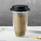 Glass Coffee Cup 350ml Black with Silicone Lid, Double Wall - Image 3