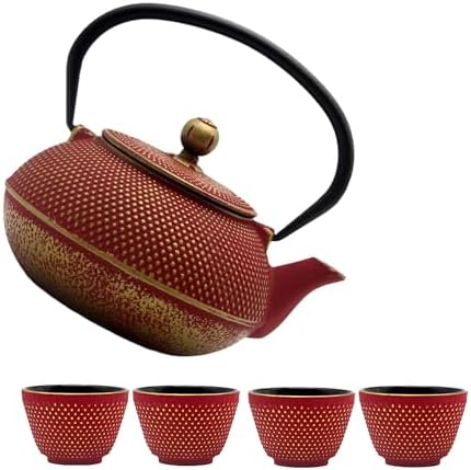 30.4oz Small Cast Iron Teapot with Infuser for Loose Tea & Coffee, Tea Pot Coated with Enameled Interior, Cast Iron Tea Kettle with Teacups for Adults, Exquite Cast Tea Set with 4PCS Iron Cups by SECHUDO