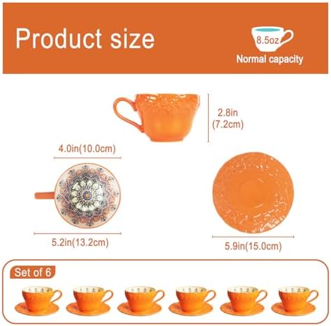 Ceramic Tea Cups and Saucers Set of 6 (7 oz),Ceramic teacup set,Bohemian Ceramic Coffee Cup embossed design,Suitable for tea, milk, coffee - Image 2