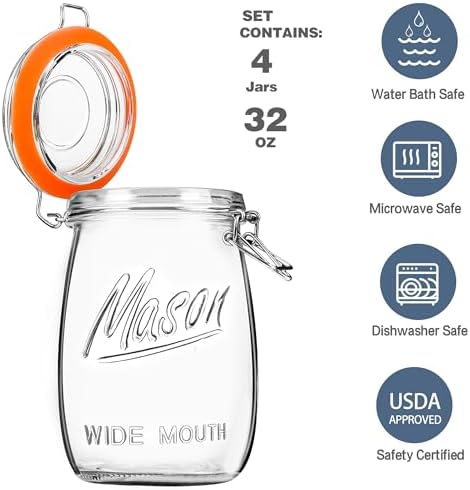 Anwoi 32OZ Wide Mouth Glass Storage Jars with Airtight Hinged Lids, 4 Pack - Image 2
