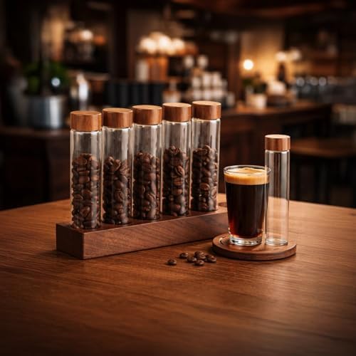 6-Hole Walnut Base with Glass Tubes, Coffee Bean Storage Stand for Single Dose Coffee Bean Storage Containers, Espresso Bean Cellars, Holds 0.6-0.7 oz, Professional Display - Image 3