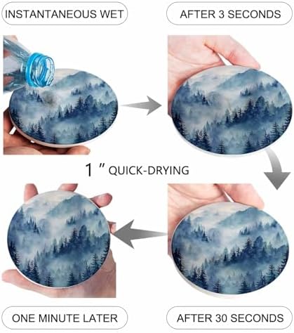 Coaster for Drinks 4 Pack,Forest Tree Mountain Absorbent Round Ceramic Stone with Cork Base,Watercolor Blue Natural Scenery Drink Coaster Cup Mats for Home Dining Coffee Tables - Image 3
