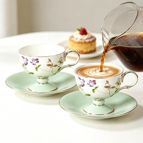 KAMMAK Tea Cups Set of 2,Ceramic Floral Pattern Demitasse Cup - Image 5