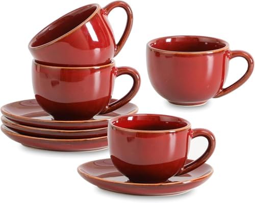 vicrays 6.5 oz Cappuccino Cups with Saucers, Set of 4, Ceramic Coffee Cup for Au Lait, Double shot, Latte, Cafe Mocha, Tea (Cherry Red) by VicraysCeramic