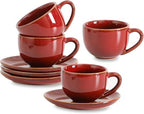 vicrays 6.5 oz Cappuccino Cups with Saucers, Set of 4, Ceramic Coffee Cup for Au Lait, Double shot, Latte, Cafe Mocha, Tea (Cherry Red) by VicraysCeramic
