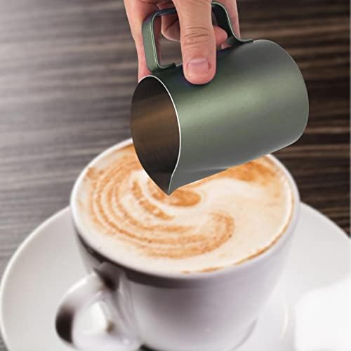 Milk Pitcher Stainless Steel Espresso Steaming Pitcher Latte Art Jug Froth Cup with Oblique Mouth Pointed Nozzle Smooth Handle Foam Control, Green 450ML - Image 4