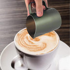 Milk Pitcher Stainless Steel Espresso Steaming Pitcher Latte Art Jug Froth Cup with Oblique Mouth Pointed Nozzle Smooth Handle Foam Control, Green 450ML - Image 4