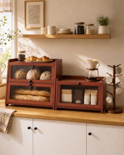 Bread Box for Kitchen Countertop With Top Shelf For Fruit,1 Tier, Brown - Image 2