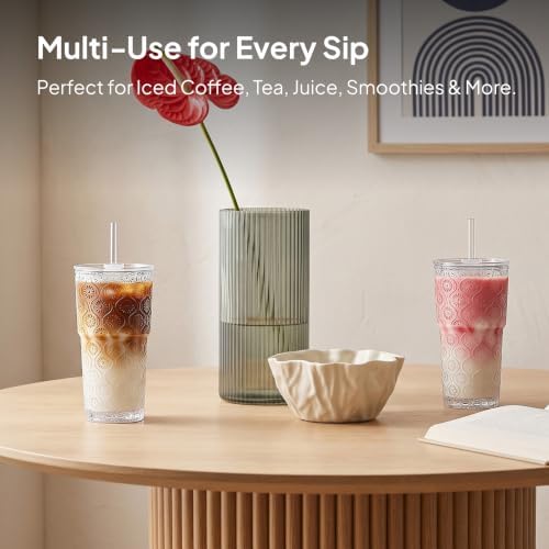 KEMORELA 20oz Begonia Flower Iced Coffee Cups with Lids, Reusable Glass Cup - Image 2
