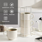 JIEMEI HOME Large Ceramic Coffee Mug Set of 4 with Stand, 15 Oz Stackable Different Embossment Ribbed Latte Cup Set for Cappuccino, Tea, Hot Cocoa, Drinks - Dishwasher & Microwave Safe, White & Green - Image 4