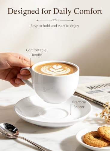 Porcelain Coffee Cups Set with Saucer, White, 6 Ounce, Set of 4 - Image 6