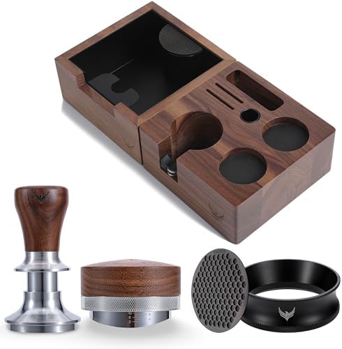 58mm Walnut Espresso Accessories Set – Premium Barista Kit for All 58mm Espresso Machines – Includes Tamper, Tamping Station, Distributor, Knock Box & Dosing Funnel by KNODOS