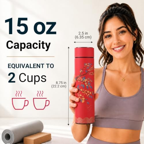Farasi Tea Infuser for Loose Leaf Tea Smart Water Bottle with Fahrenheit Temperature Display, Stainless Steel Insulated Coffee and Fruit Tea Infuser Bottle - Red Floral Travel Tea Mug 15 oz - Image 4