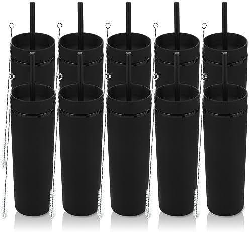 Volhoply 16oz Plastic Skinny Tumbler with Lid and Straw Bulk 10 Pack,Insulated Double Wall BPA Free Matte Acrylic Tumblers,Iced Coffee Travel Reusable Party Cup,Customizable Diy Gifts(Black,10 Set) by LiveFully%EF%BC%8CDrinkFreely%E2%80%94KeepGoingwithVolhoply%EF%BC%81