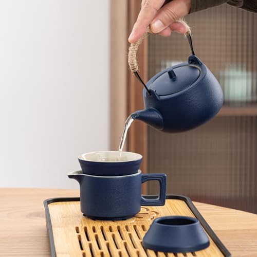 14-Piece Portable Ceramic Travel Tea Set - Chinese Kung Fu Tea Kit with Bamboo Tray & Leather Carry Bag (Blue) for Home/Office/Camping/Gifting - Image 5