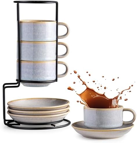 Gomakren 6oz Stackable Cappuccino Cups Set of 4 with Saucers & Stand, Gray by Gomakren