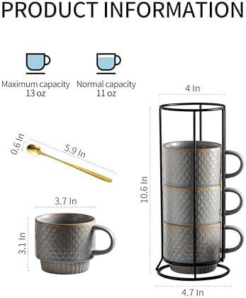 Gomakren Stackable Coffee Mugs Set of 4 Coffee Cups with Stand, Light Gray - Image 4