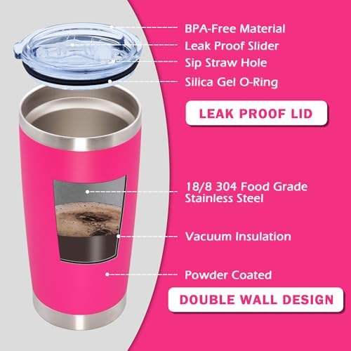 20oz Tumbler with Lid Stainless Steel Tumblers Insulated Mug Hot Pink 6P - Image 4