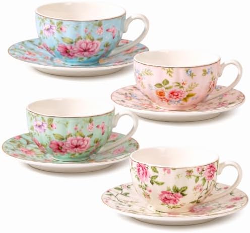 4 Set Tea Cups and Saucers, 6.7oz Ceramic Cup Set, Vintage Floral by Acellegic