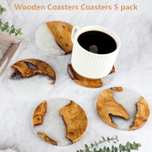 Drink Coaster Set, Wooden Absorbent Coasters, Epoxy Resin Coaster for Coffee Table, Tabletop Protection Decor, Set of 5 with Holder - Image 2