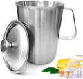 70 oz Stainless Steel Pitcher with Lid, Metal Measuring Cup with Marking with Handle, 2 L Large Mouth Graduated Beakers, Milk Frothing Jug for Espresso Machines, Latte Art, Iced Tea, Hot/Cold Water by Thrseely