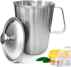 70 oz Stainless Steel Pitcher with Lid, Metal Measuring Cup with Marking with Handle, 2 L Large Mouth Graduated Beakers, Milk Frothing Jug for Espresso Machines, Latte Art, Iced Tea, Hot/Cold Water by Thrseely
