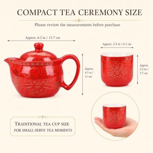 Chinese Tea Set Traditional Red Ceramic with Chinese Teapot and 6 Porcelain Teacups, Asian Gongfu Style Collection for Tea Ceremony, Chinese Wedding Gift with Fabric Box - Image 3