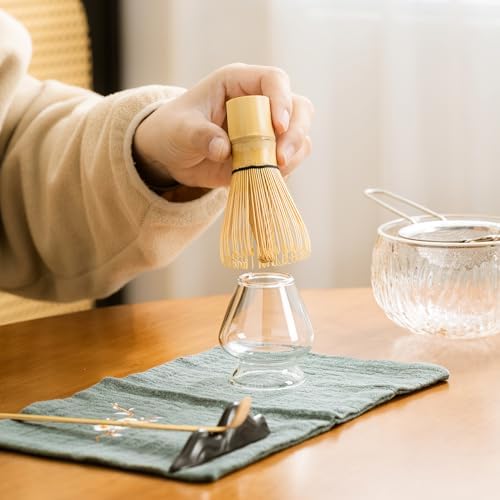 DWEHIXBUY Japanese Tea Set (7pcs) Matcha Whisk Set Matcha Bowl with Pouring Spout Bamboo Matcha Whisk (chasen) Scoop (chashaku) Matcha Whisk Holder Tea Making Kit. WHITE GLASS - Image 6