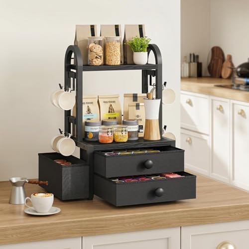 HOOBRO Coffee Mug Tree, 2 Tier Mug Organizer, Coffee Mug Cup Holder with Drawer Compatible with 40K-Cup Pods, Mug Display Stand with 8 Hooks, Countertop Holder Rack for Kitchens, Black BB04CR01 - Image 4
