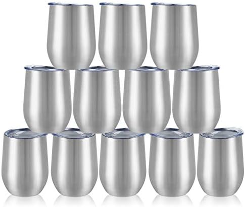 12 Pack Stainless Steel Wine Tumblers, 12Oz Double Wall Vacuum Insulated Wine Tumblers with Lids and Straws, Stainless Steel Stemless Wine Glasses for Coffee, Wine, Cocktails, Champaign, Silver - Image 2