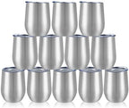 12 Pack Stainless Steel Wine Tumblers, 12Oz Double Wall Vacuum Insulated Wine Tumblers with Lids and Straws, Stainless Steel Stemless Wine Glasses for Coffee, Wine, Cocktails, Champaign, Silver - Image 2